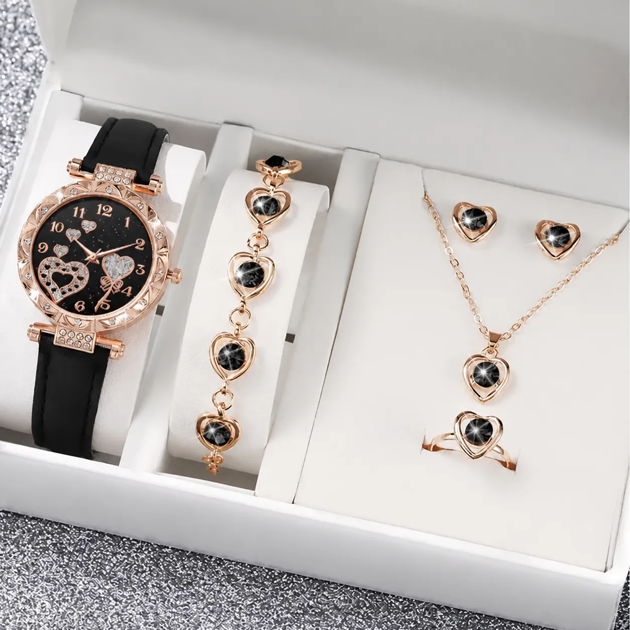 Luxury Women Heart Rhinestone Watch Necklace Bracelet Earrings Ring Set Starry Sky Dial Plastic Faux Leather Alloy Jewelry Accessories