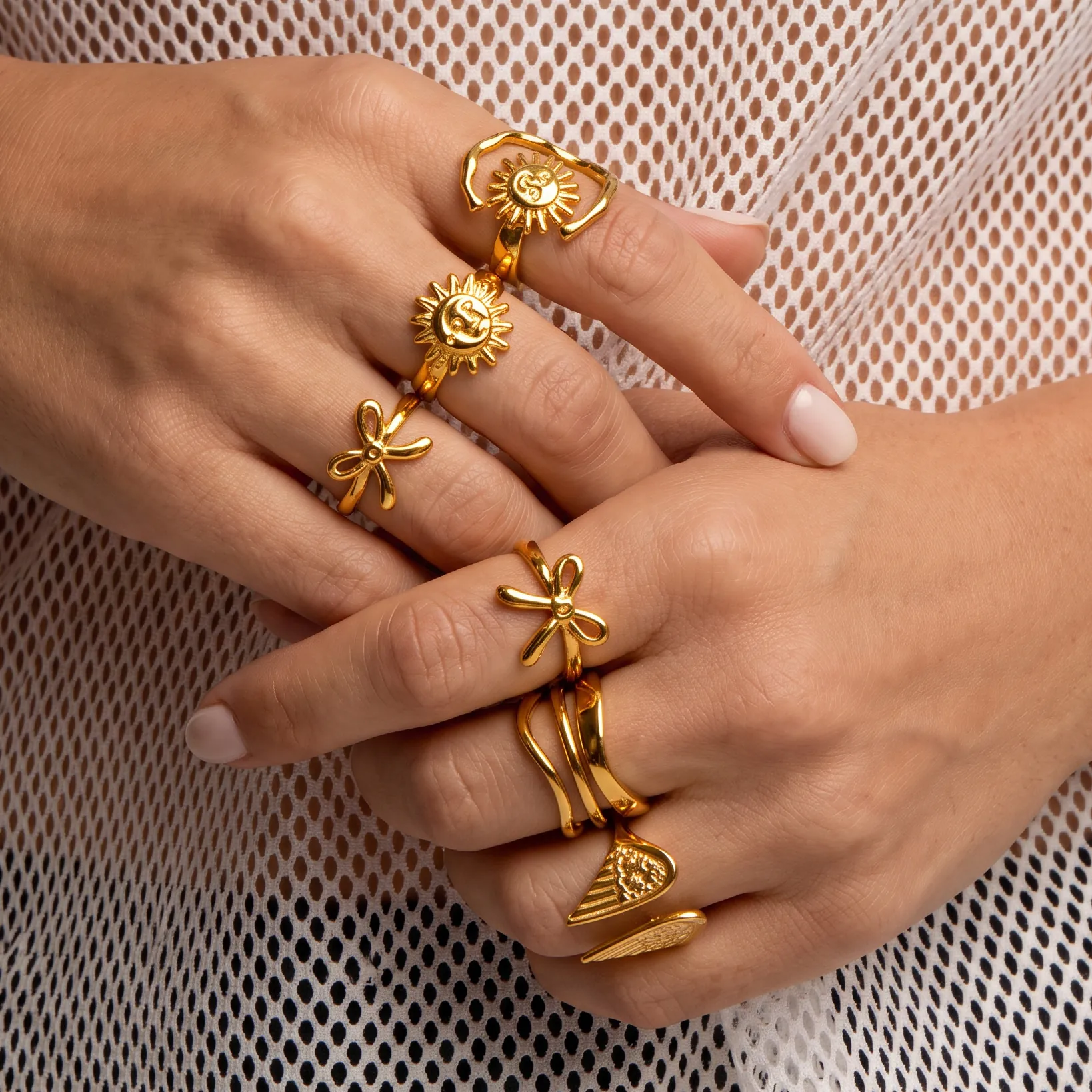 Gold Edelstahl Geometrische Unregelmäßige Offene Ringe Für Damen Nischen Design Blume Sonne Mond Einstellbare Mode Schmuck Ring