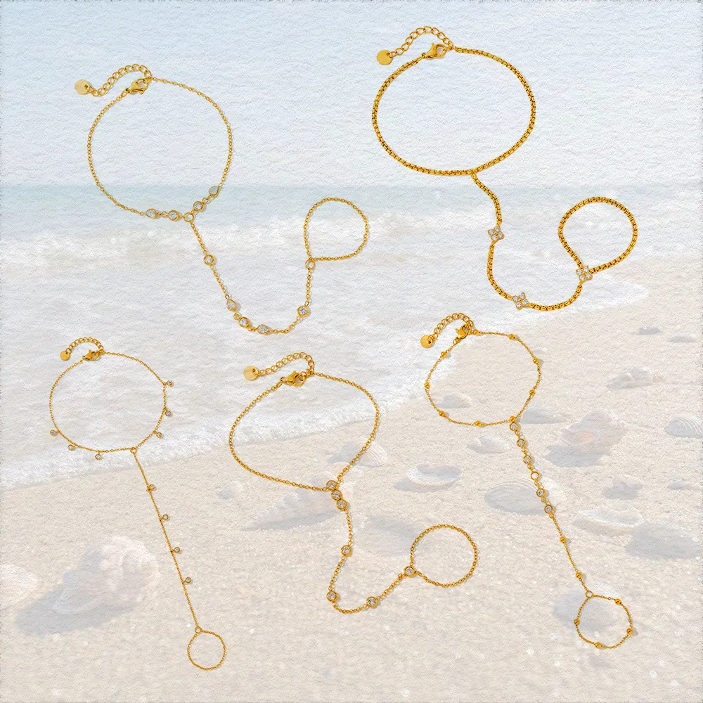 Bracelet Chaîne de Main en Acier Inoxydable pour Femme Plaqué Or 18K Strass Fleur Géométrique Anneau-Relié Bracelet Bijoux Bohème