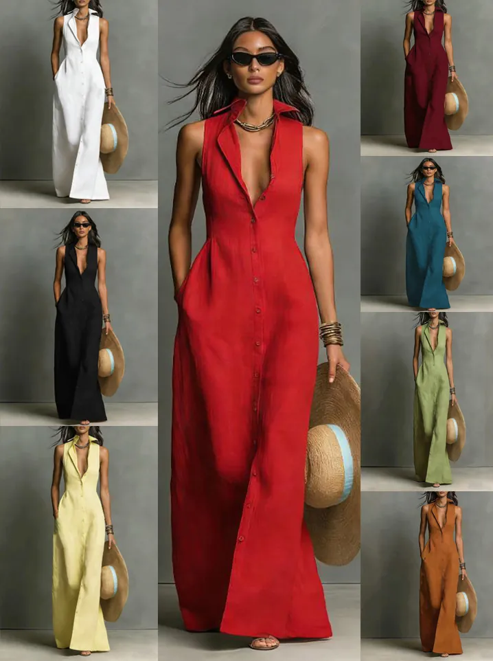 Women's Sleeveless Single Breasted Maxi Dress Polyester Spandex Shirt Collar Slim Fit Solid Color Summer Beach Long Dress