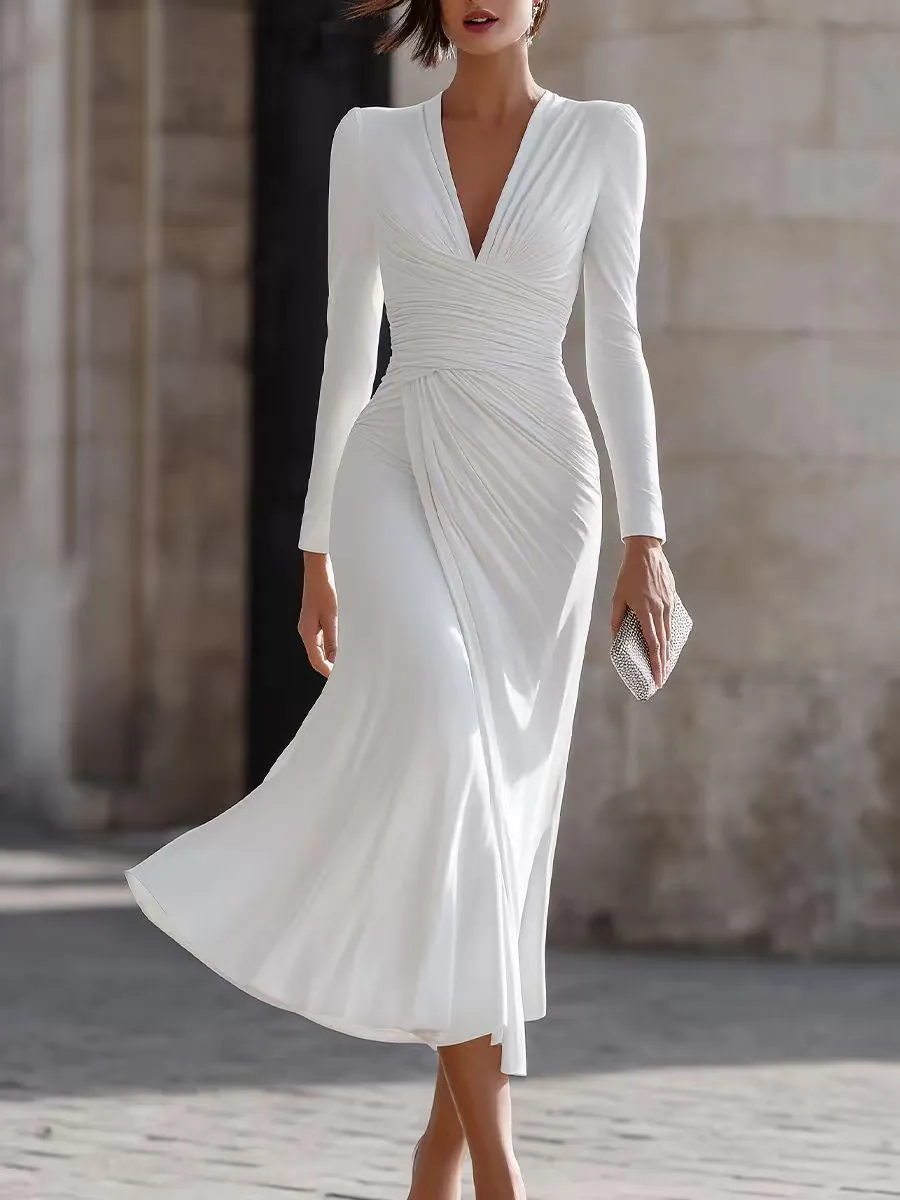 Women Elegant Bodycon Ruched V-Neck Long Sleeve Dress Irregular Hem Solid Color Midi Long Dress Party Gown For Women