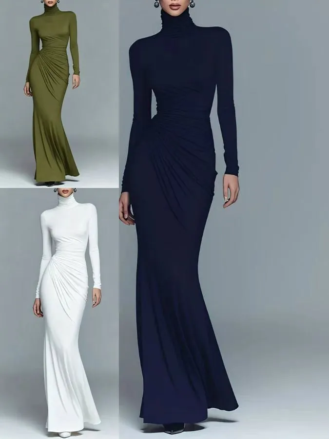 Elegante Abito Maxi Dolcevita a Maniche Lunghe per Donna Slim Fit Tinta Unita Poliestere Festa Serale Matrimonio Abito Bodycon