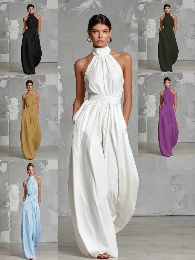 Women Halter Backless Jumpsuit Elegant Solid Color Sleeveless Wide Leg Long Pants Polyester Casual Summer Street Trend Clothing