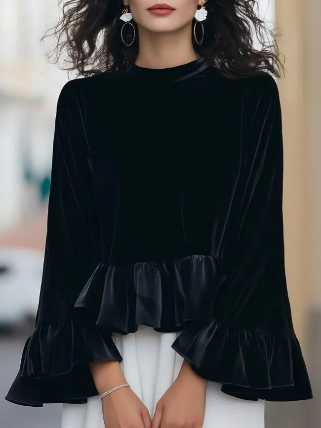 Women Round Neck Flare Sleeve Ruffle Velvet Top Elegant Solid Color Long Sleeve Short Blouse For Autumn Winter Casual Daily Wear