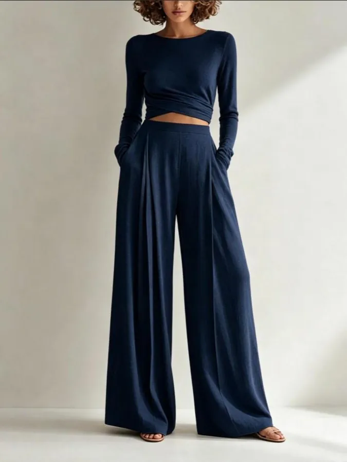 Completo da Donna in Maglia Due Pezzi Orlo Irregolare Girocollo Top a Maniche Lunghe e Pantaloni a Gamba Larga Tinta Unita