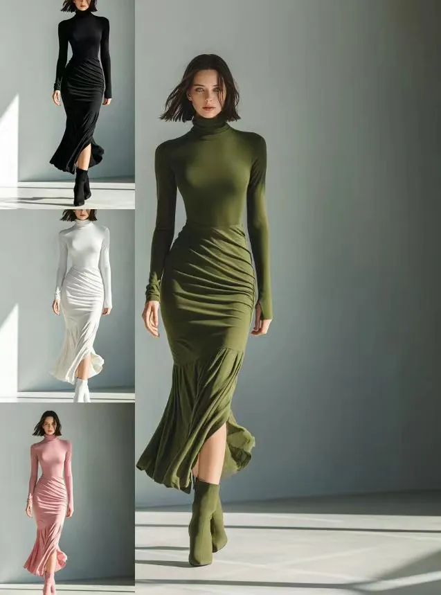 Women's Elegant High Neck Long Sleeve Ruched Midi Dress Slim Fit Irregular Hem Polyester Dress For Banquet Party Daily Wear