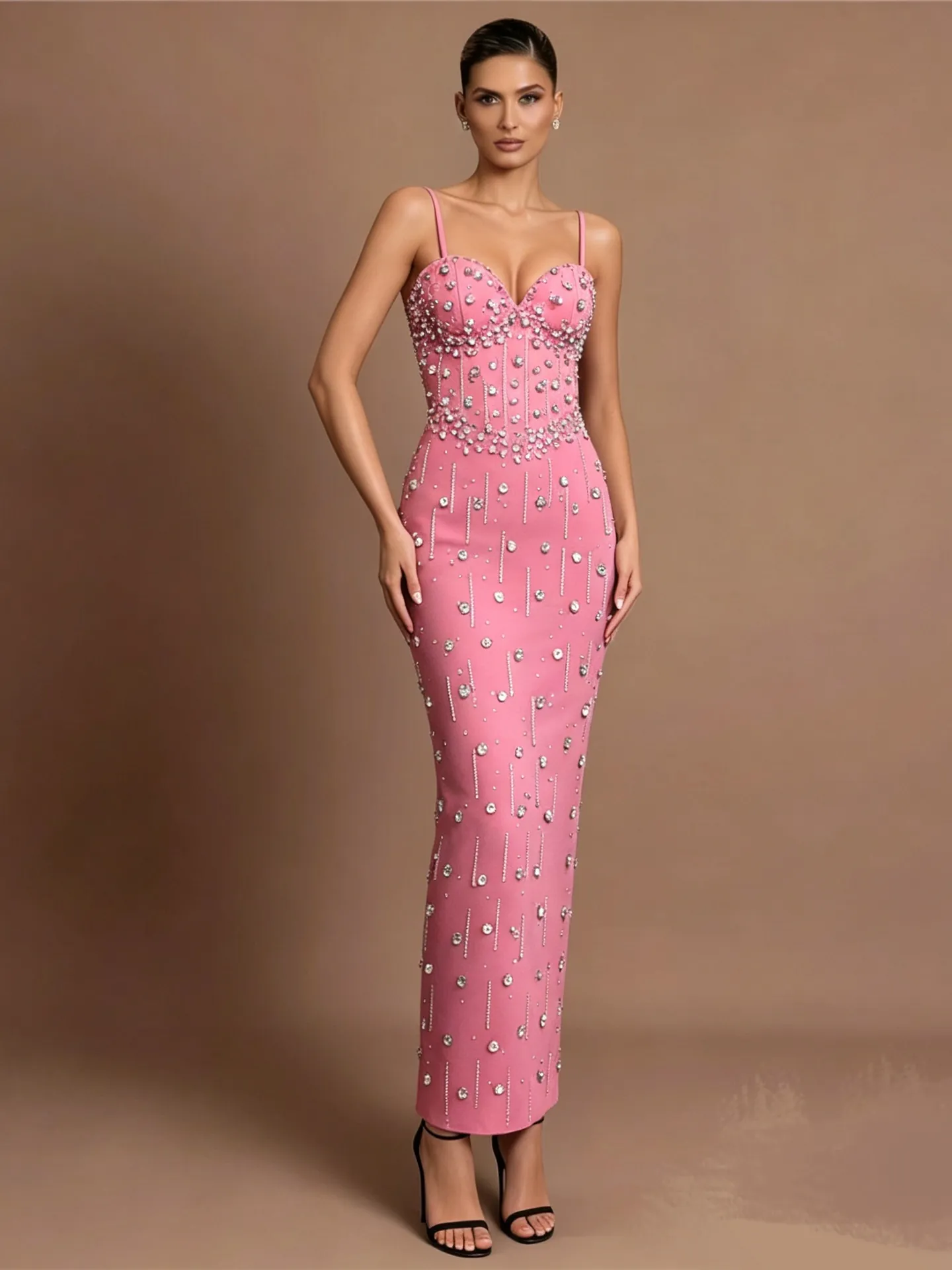 Elegant Rhinestone Bandage Maxi Dress For Women Slim Fit Spaghetti Strap Evening Party Gown Luxurious Bodycon Prom Dress
