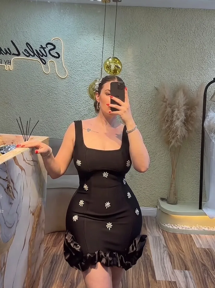 Women Sexy Rhinestone Bodycon Bandage Dress Ruffled Square Neck Sleeveless Evening Party Mini Dress Elegant Formal Robe