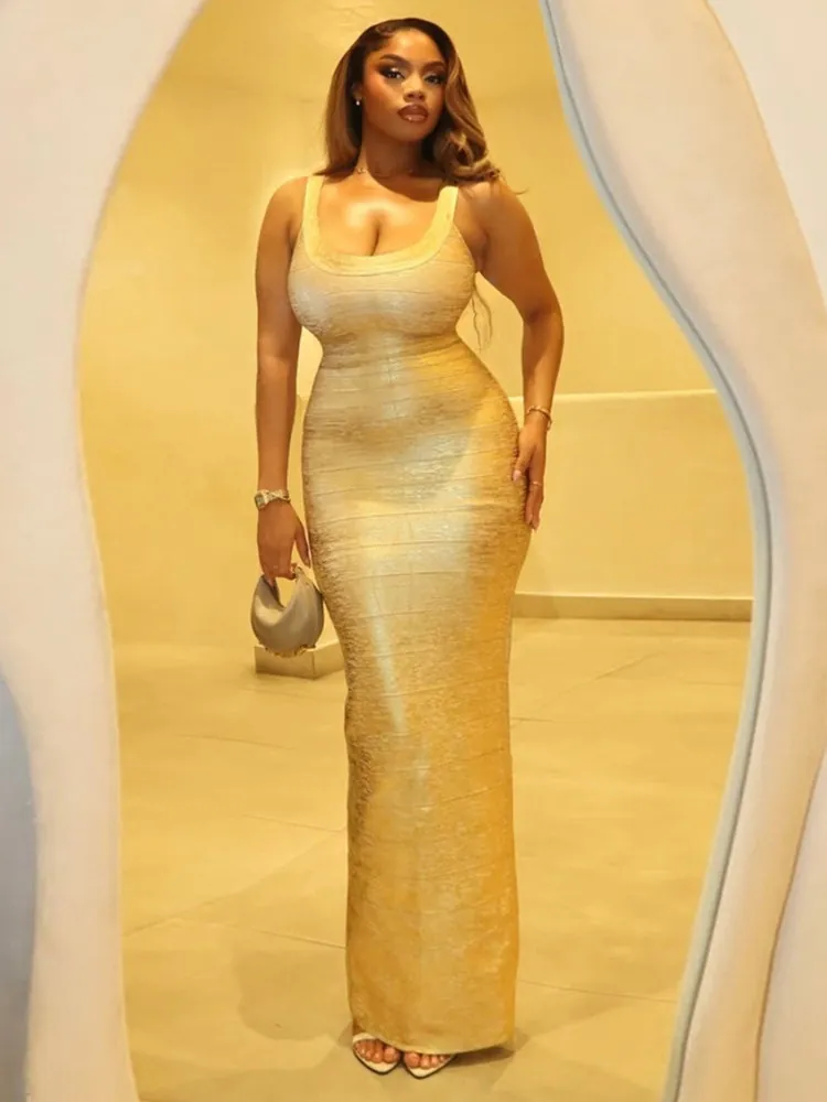 Women's Sexy Metallic Bandage Dress High Waist Striped Bodycon Maxi Evening Gown For Banquet Party Wedding