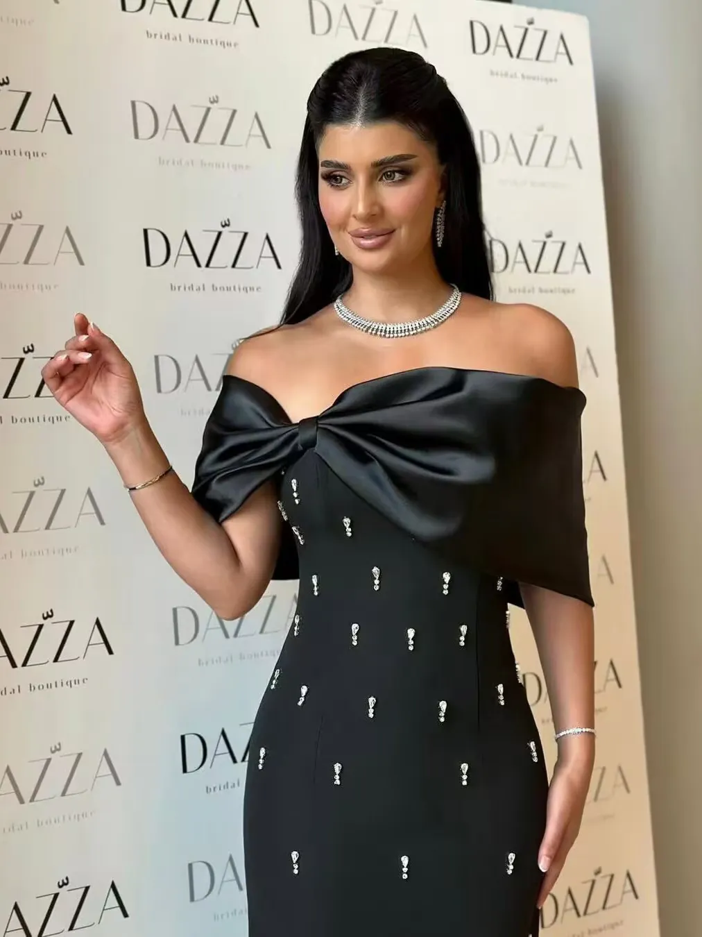 Women's Bandage Maxi Dress Off-Shoulder Satin Bow Rhinestone Embellished Bodycon Sexy Party Evening Dress