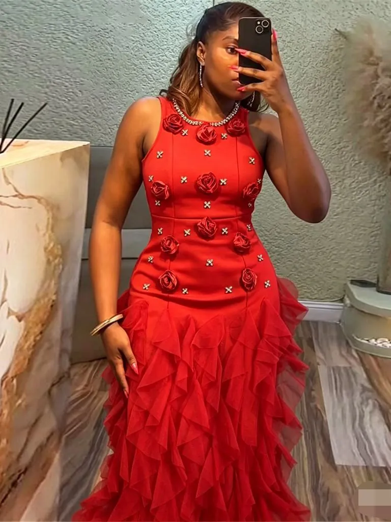 Vintage 3D Floral Embellished Bodycon Evening Gown For Women Elegant Rhinestone High Waist Sleeveless Maxi Dress