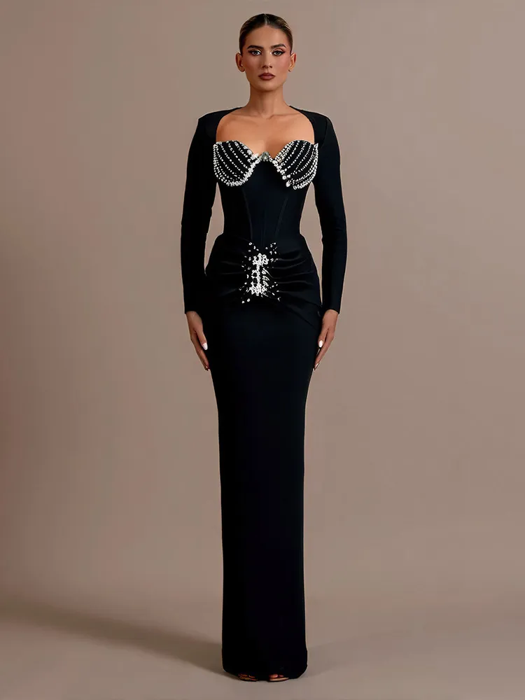 Women Elegant Square Neck Long Sleeve Bandage Dress Heavy Rhinestone Bodycon Maxi Evening Party Clubwear Gown