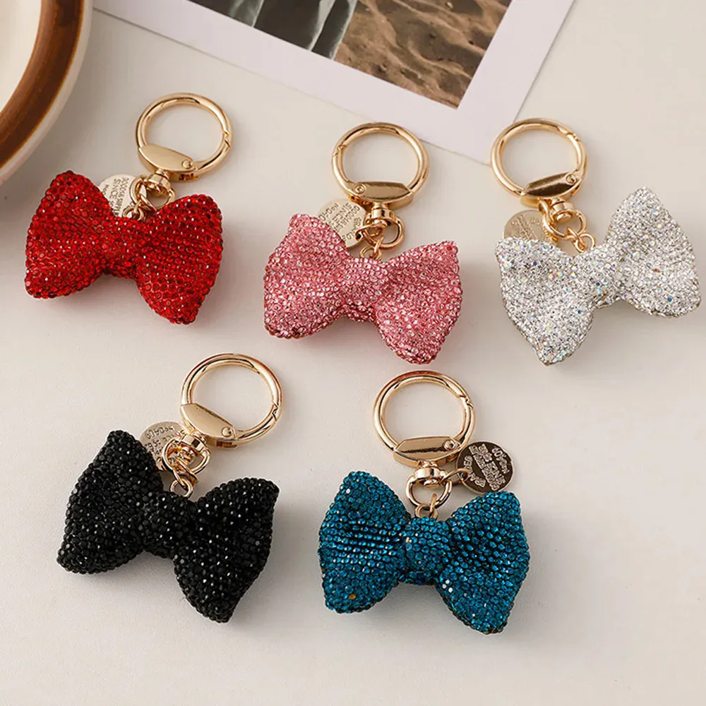 Fashion Bowknot Rhinestone Keychain Sparkling Crystal Bow Bag Charm For Car Keys Alloy Pendant Decorative Jewelry For Women