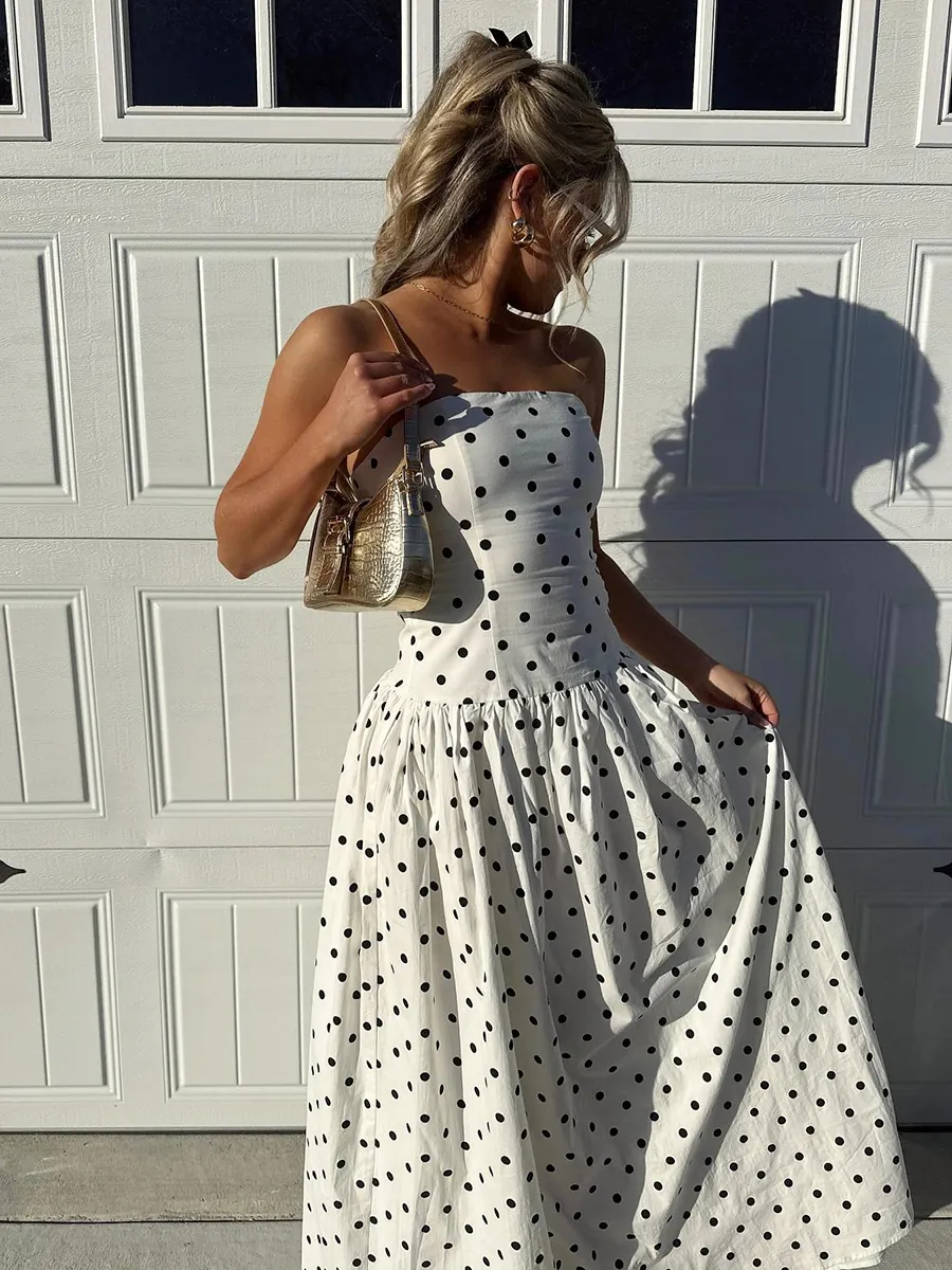 Vestito a Pois Stile Francese con Spalline Sottili da Donna Estivo a Vita Stretta Elegante Vintage Vestito Midi Senza Maniche