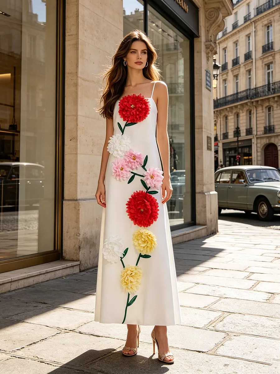 Damen 3D Blumen Dekoration Spaghettiträger Maxikleid Sommer Locker Einfarbig Patchwork Elegant Urlaub Ärmelloses Langes Kleid