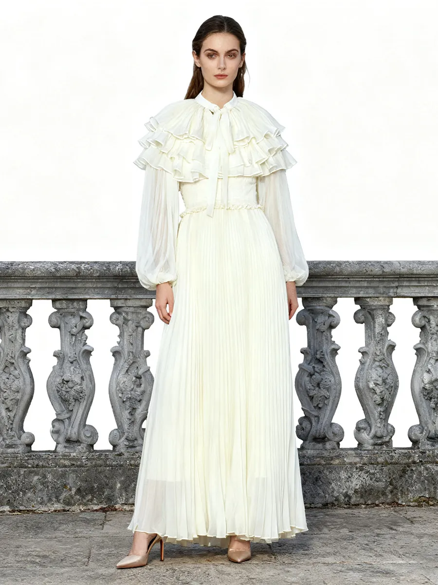 Women's Palace Style Pleated Maxi Dress Tie Neck Lantern Sleeve Chiffon Polyester Patchwork Elegant Vintage Long Dress