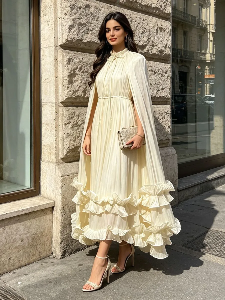 Vestido Maxi Elegante Estilo Capa Con Cuello En V Borde De Volante Manga Murciélago Color Sólido De Poliéster Y Elastano Para Fiesta Mujer