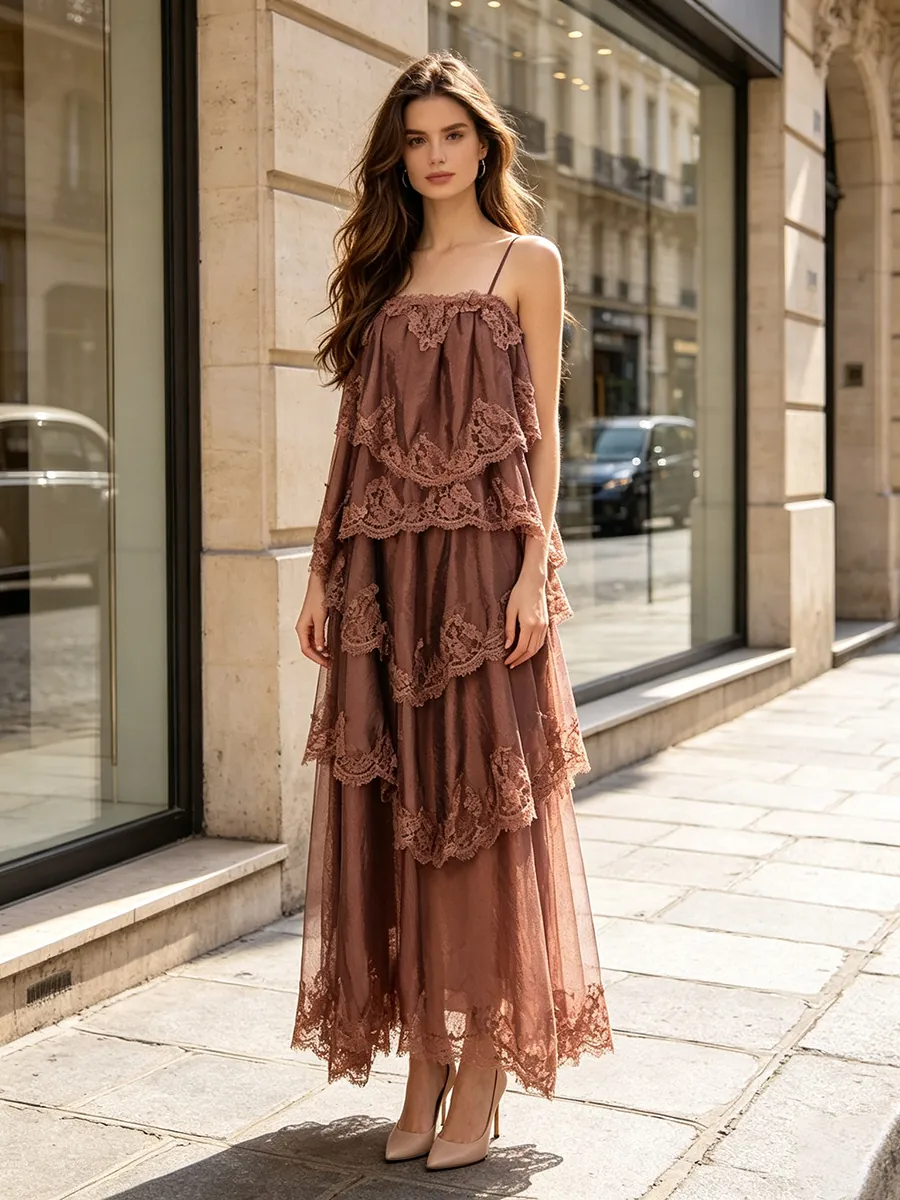 Robe Cami à Volants en Dentelle Style Palais Rétro pour Femmes Élégante Couleur Chocolat Patchwork de Maille à Étages Robe Maxi