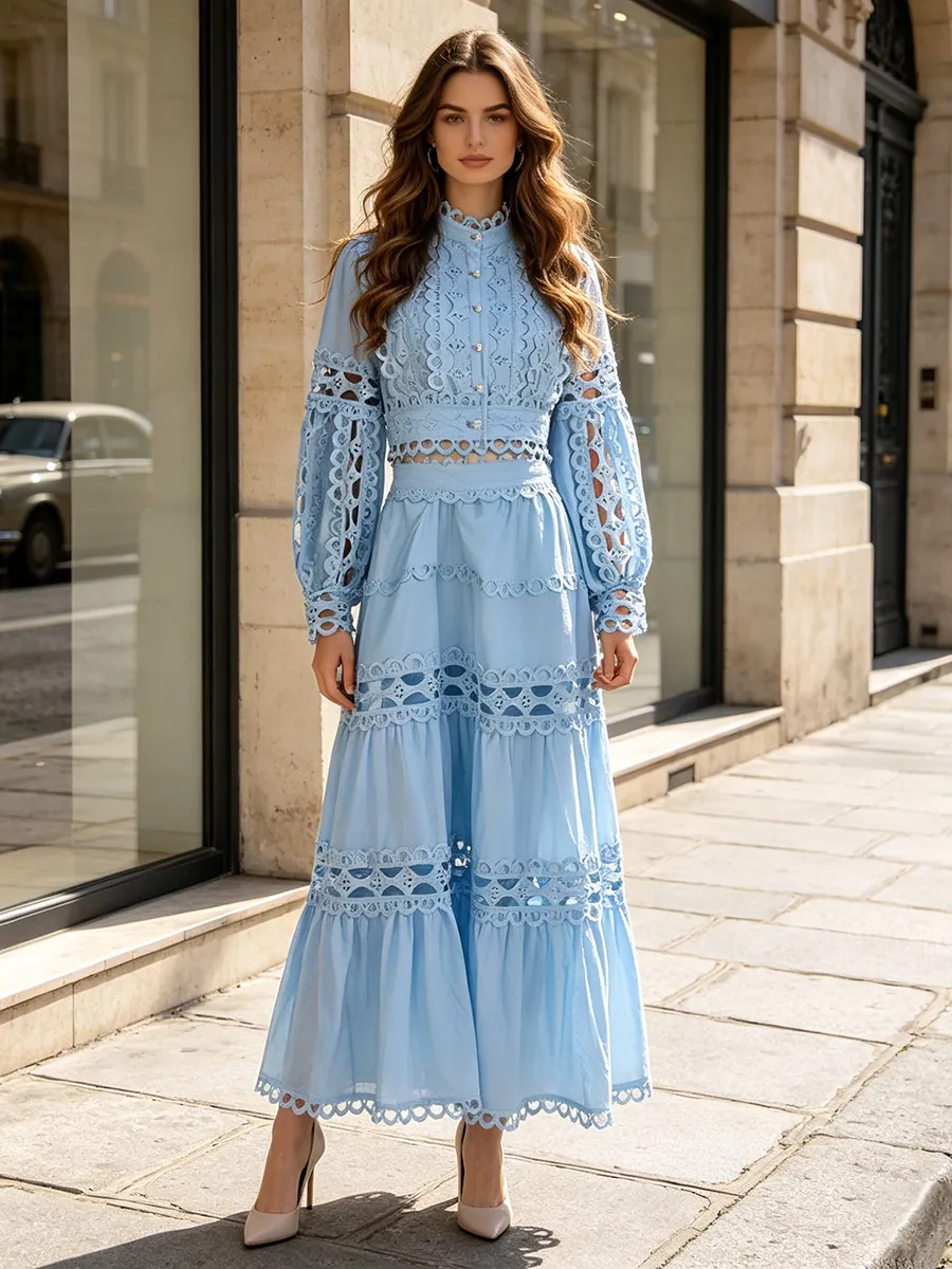 Conjunto de Dos Piezas de Encaje Estilo Palacio Vintage Francés para Mujer Top Y Bottom Manga de Princesa Falda de Capas