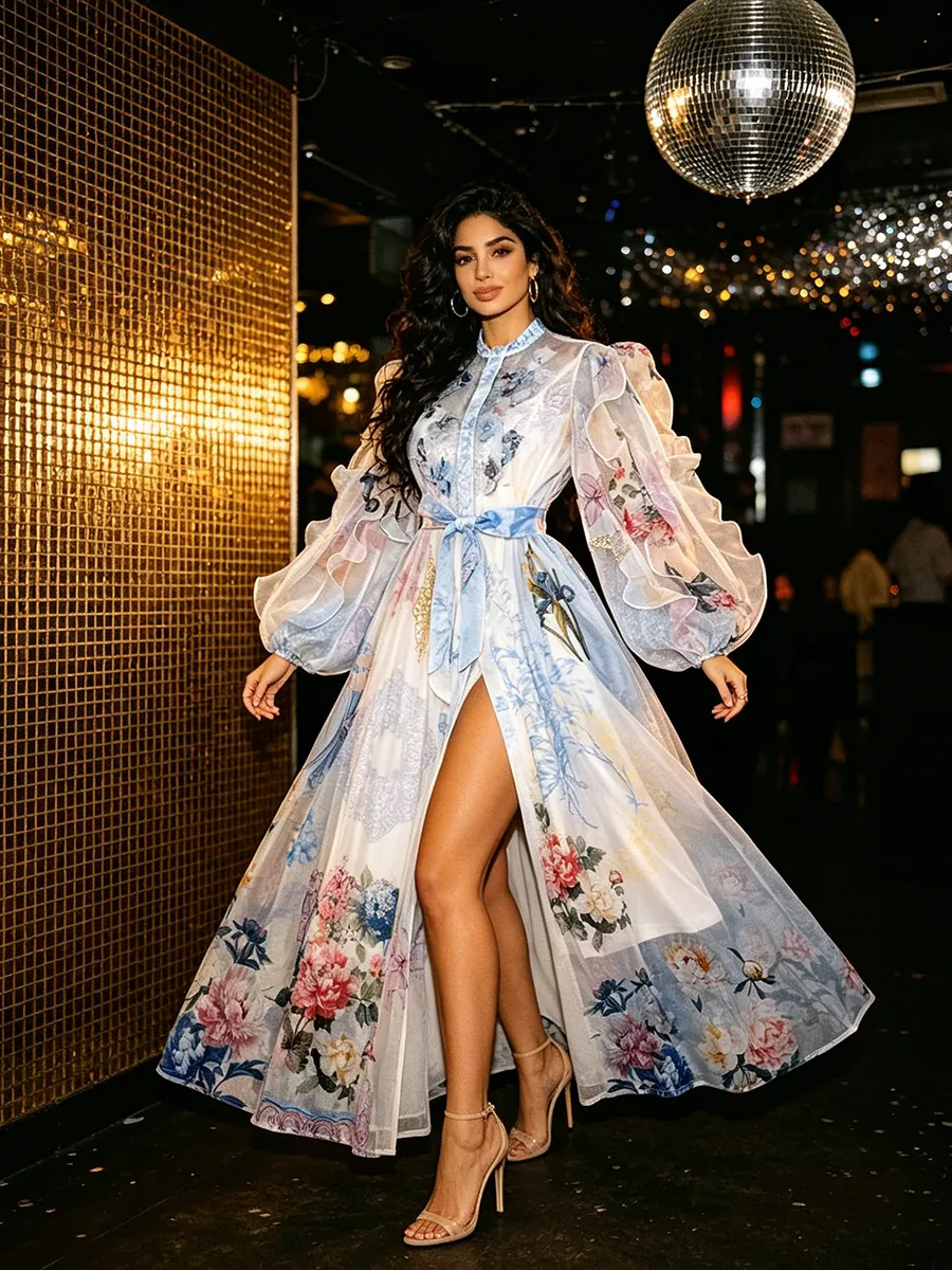 Retro Damen Maxikleid Mit Blumendruck Süßer Französischer Stil Langarm Rüschen Taille Schnürung Stehkragen Partykleid