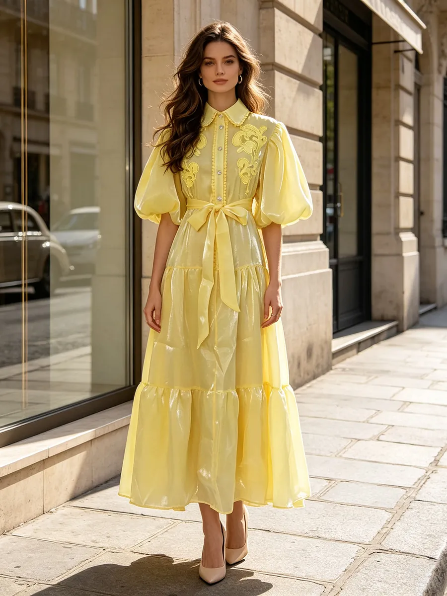 Vestito lungo da donna in stile retrò con ricami e maniche a sbuffo, elegante abito a balze a vita sottile per le feste estive
