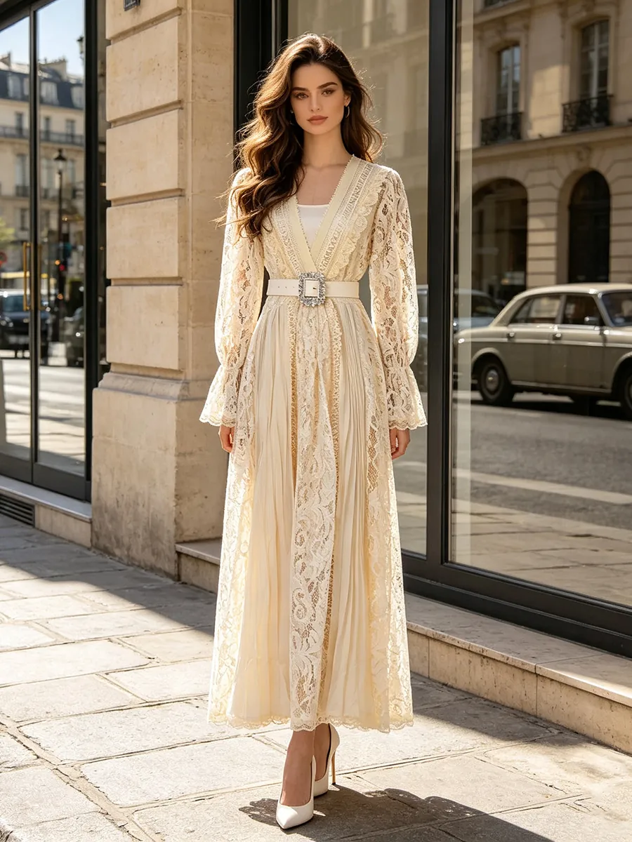 Vintage Palace Style Hollow Out Lace Maxi Dress For Women Elegant V-Neck Long Sleeve Pleated Belted Party Long Dress