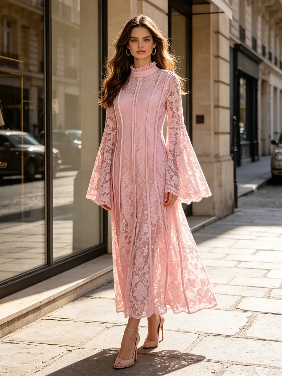 French Elegant Lace Maxi Dress For Women Heavy Embroidery Bell Sleeve Stand Collar Cotton Blend Polyester Long Dress