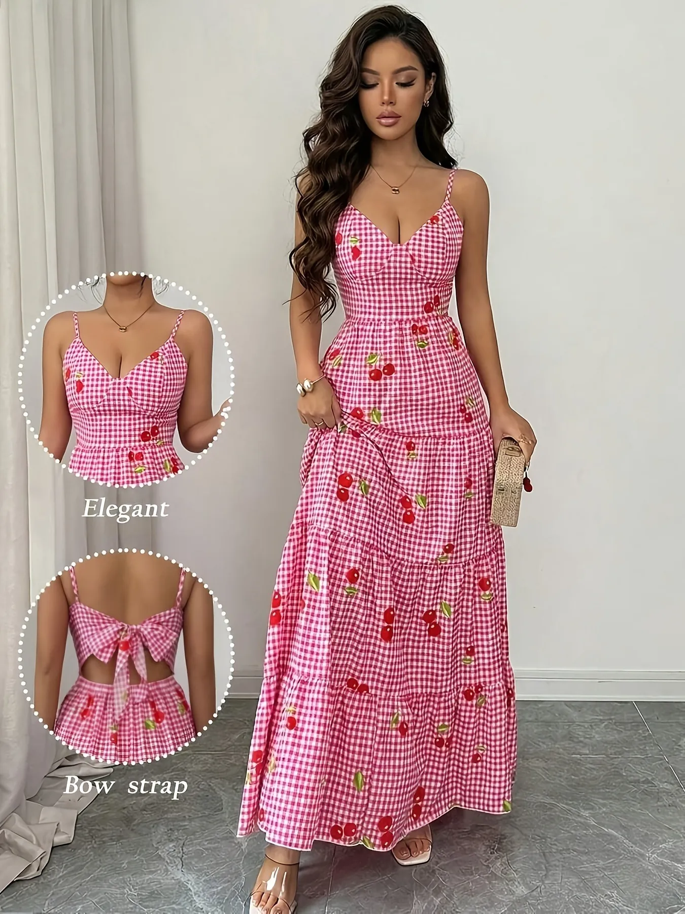 Vestito Maxi Donna Elegante Gingham Stampa Ciliegia Spalline Sottili Scollo a V Orlo a Balze Schiena Scoperta Fiocco Linea a A Estate Vacanza Festa