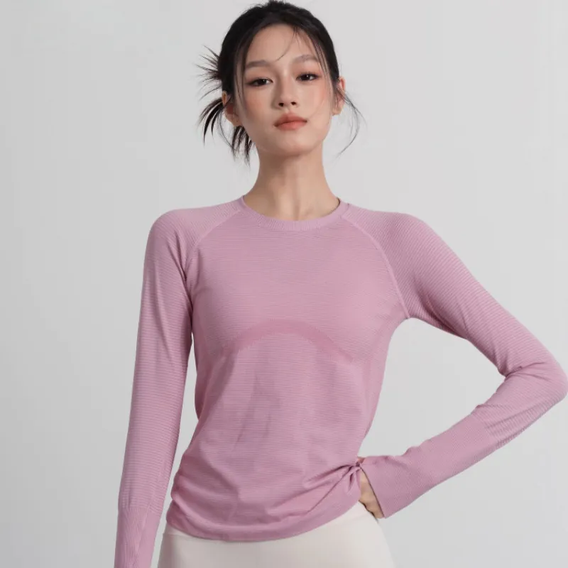Women Seamless Yoga Long Sleeve Top Breathable Crew Neck Sportswear Slim Fit Running Pilates Gym Training Athletic Top