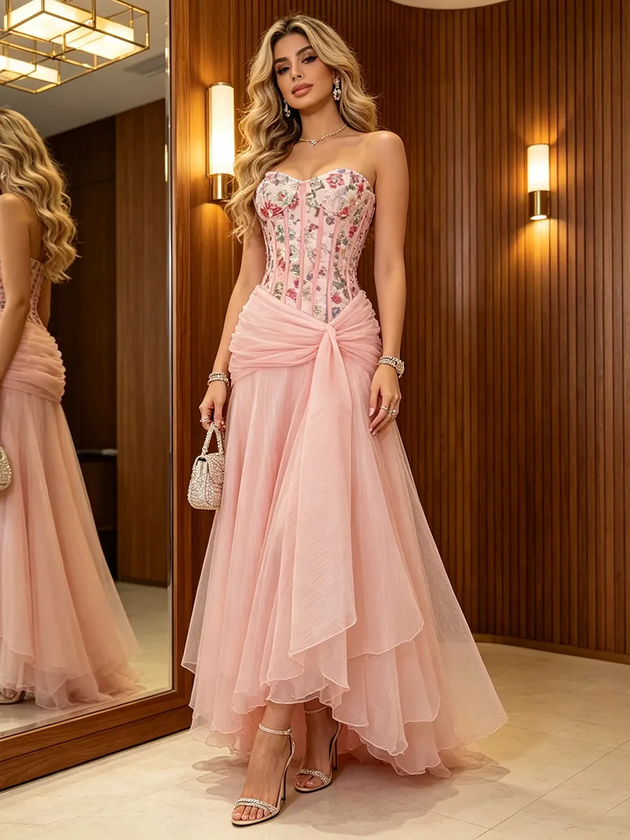 French Elegant Floral Corset Maxi Dress Vintage High Waist Patchwork Mesh Evening Gown For Women Summer Party Banquet Dress