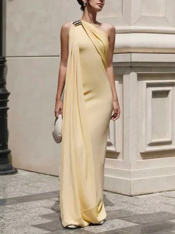 French Style Elegant One Shoulder Maxi Dress For Women Ruched Design Spliced Long Party Evening Gown 2026 Spring New