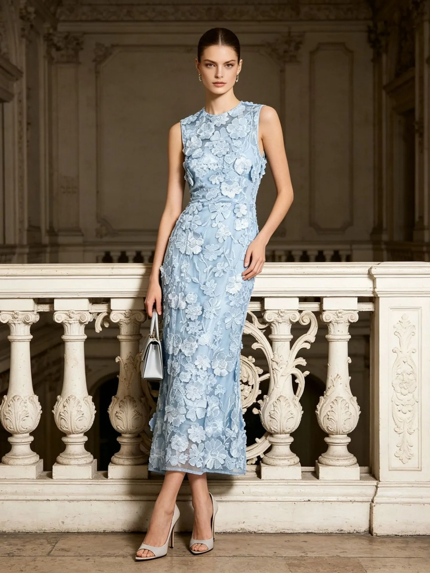 Abito Maxi Senza Maniche Azzurro Dolce in Stile Francese Con Applique Floreali 3D Patchwork Abito da Sera per Banchetti Donna