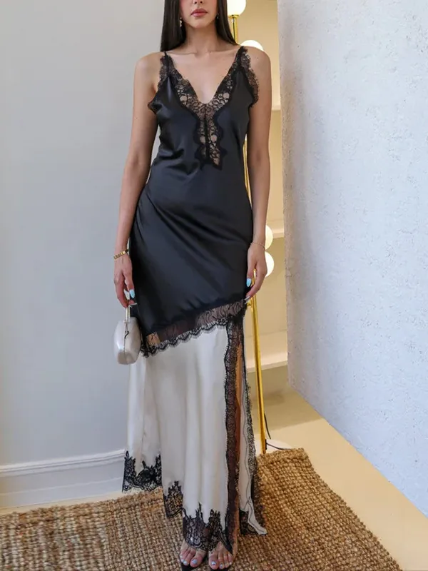 Sexy Hot Girl Style Lace Splicing Camisole Maxi Dress For Women 2026 Spring New Fashion Color Block V Neck Polyester Bodycon Dress