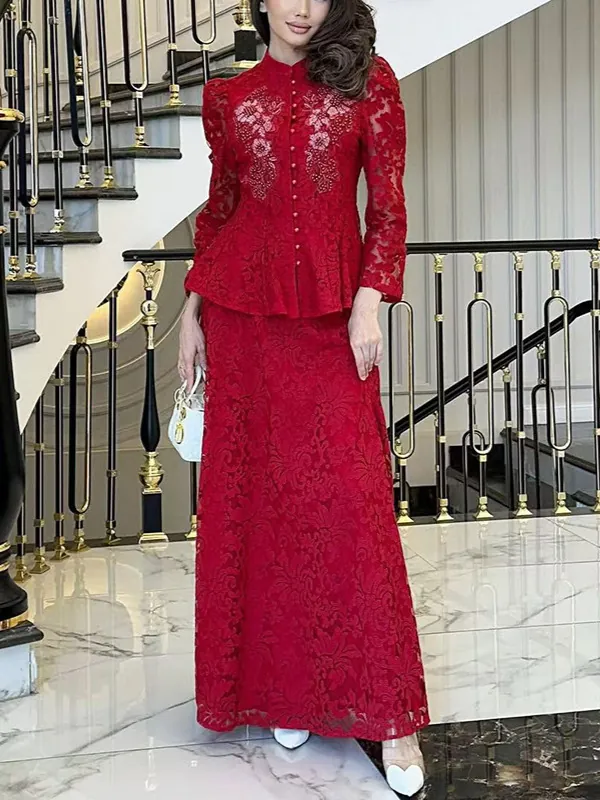Ensemble Jupe en Dentelle Élégant pour Femmes Brodé Manches Longues Col Montant Top Et Jupe Longue Deux Pièces Tenue de Banquet
