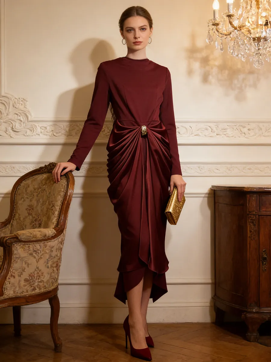 Elegant Long Sleeve Bodycon Dress Ruched Waist Metal Buckle Formal Evening Banquet Party Solid Color Slim Fit Maxi Dress