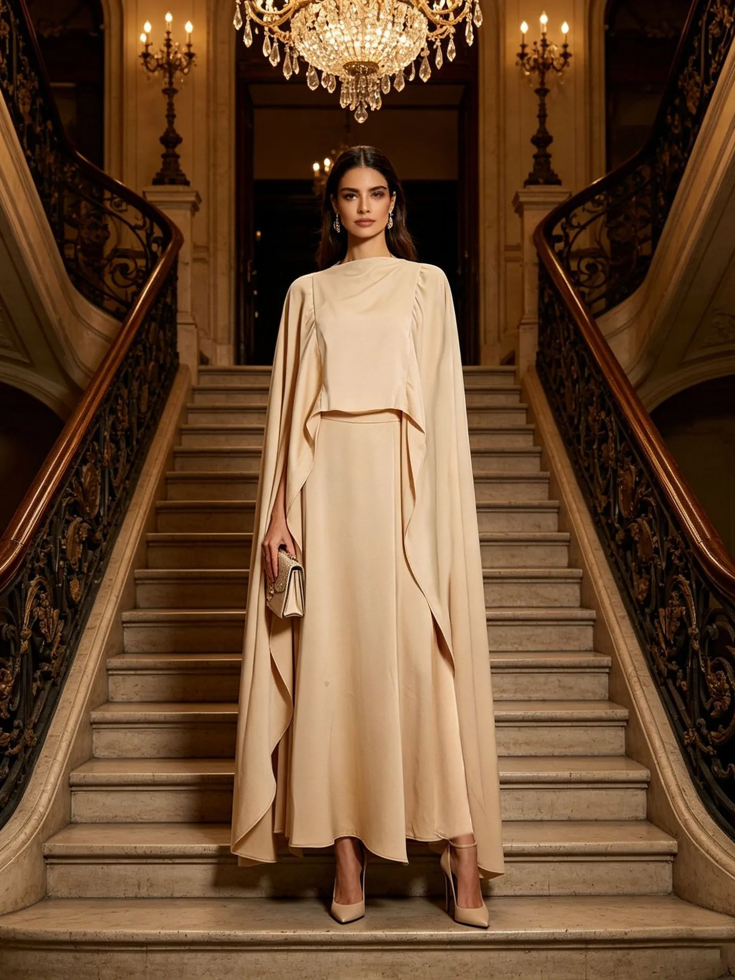 Elegant Champagne 3-Piece Set For Women Satin Finish Sling Top Long Skirt And Long Shawl Banquet Party Outfits Set