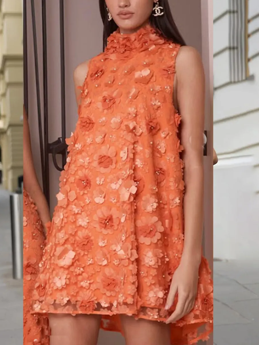 Women Sweet Sleeveless High Neck Dress With 3D Floral Patchwork And Artificial Pearl Short A-Line Dress For Summer Daily Party
