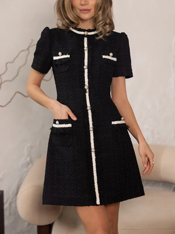 Französisches Tweed Kleid Damen Kurzarm Slim Fit Elegantes Mini Kleid Mit Perlenknöpfen Retro Mode Büro Damen Kleid