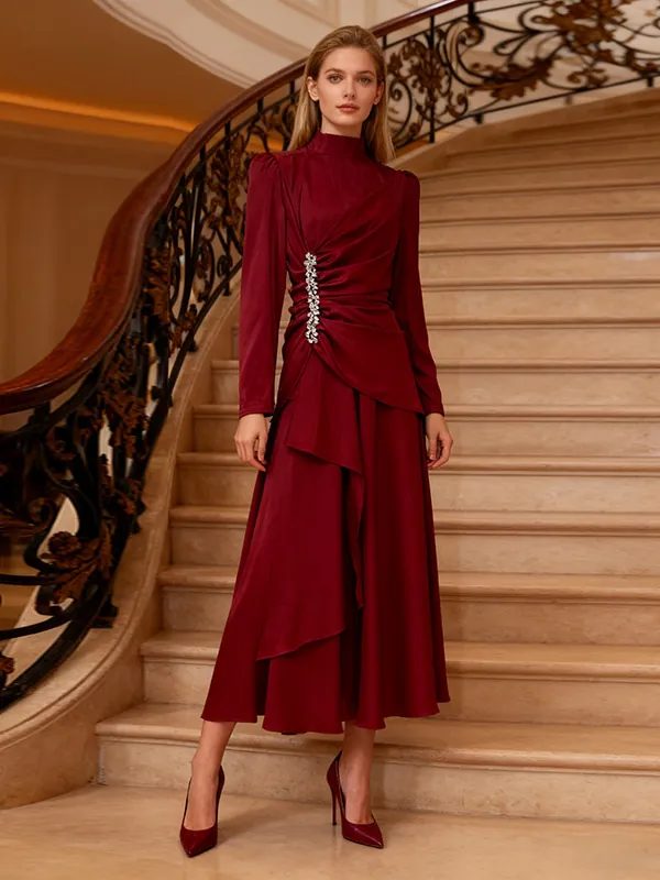 Französischer Stil Eleganter Unregelmäßiger Langarm Maxi Kleid Mit Strass Raffung Satin Finish Palast Damen Party Abendkleid