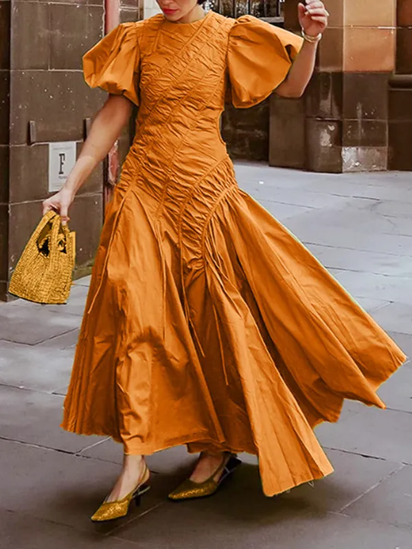 Vestito Maxi da Donna Stile Francese Vintage con Maniche a Sbuffo Punto Smock Orlo Irregolare Tinta Unita Poliestere
