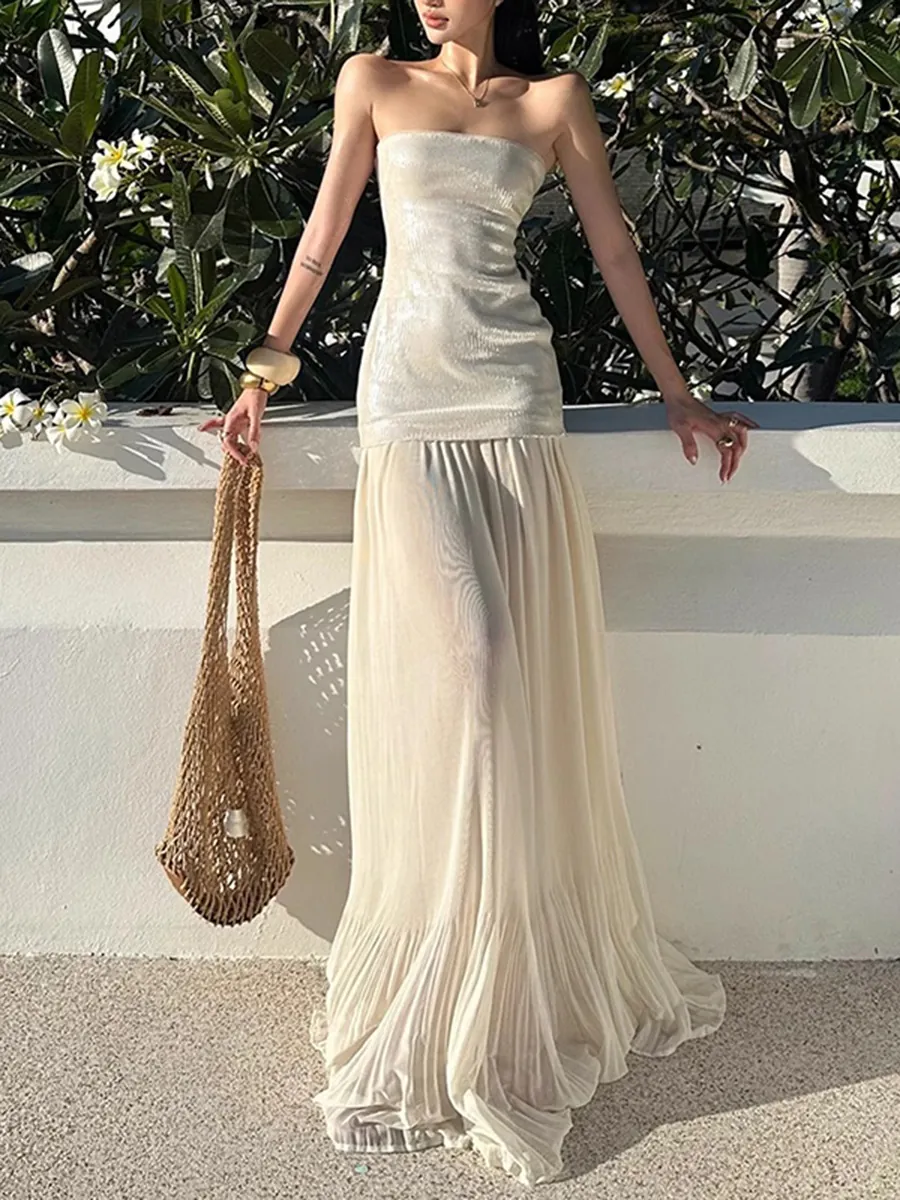 Vestido Maxi de Tubo Sexy Blanco Roto para Mujer Verano Playa Malla Costura Elegante Poliéster Falda Larga Vacaciones Fiesta