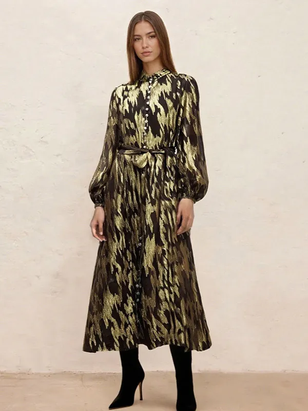 Women Elegant Maxi Dress Long Sleeve Turn-down Collar Ruffle Cuff Abstract Print Sophisticated High Waist Dress With Belt