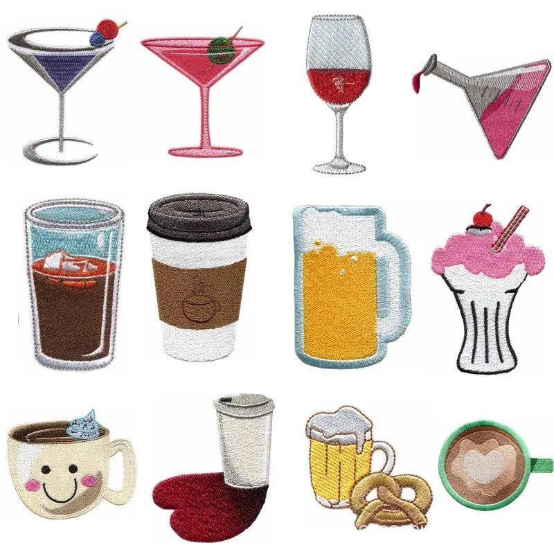 Beverage Drinks Embroidery Patches Iron-on Sew-on Appliques For Clothing DIY Decoration Coffee Wine Beer Cup Badges