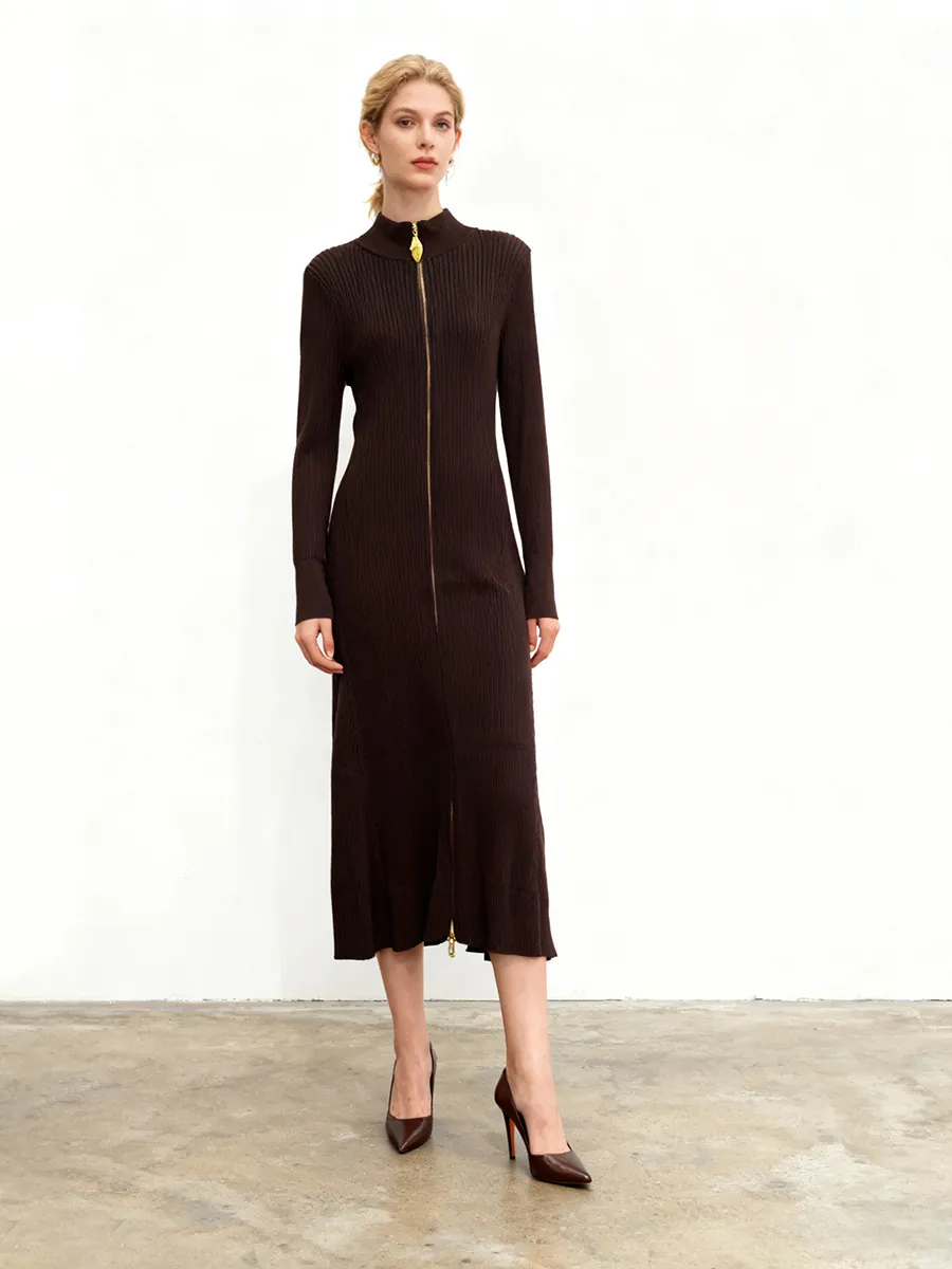 Vestito Midi da Donna Elegante in Maglia Aderente con Cerniera Intera Manica Lunga Bodycon Tinta Unita a Costine Ufficio