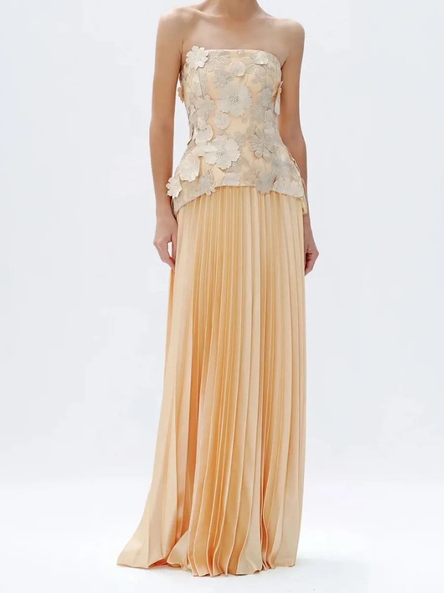 Elegant 3D Floral Sleeveless Top And High Waist Pleated Skirt Outfit Luxurious Yellow Top And Bottom Formal Party Clothes