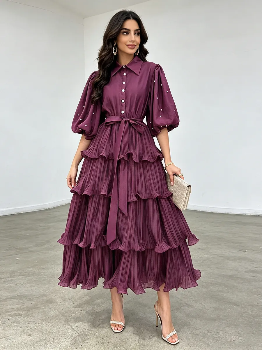 French Retro Layered Midi Dress For Women Lapel Single Breasted Puff Sleeve Pleated Solid Color Resort Style Dress With Nail Diamonds