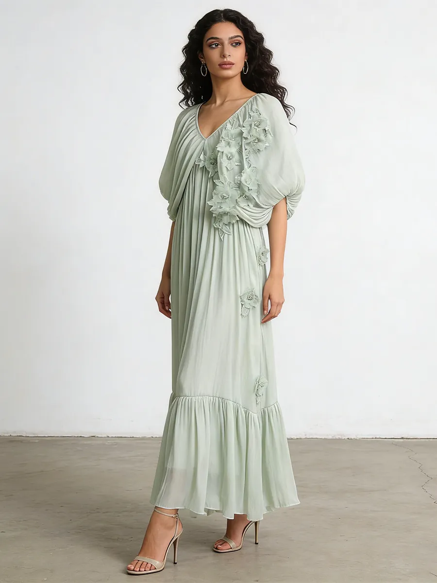Robe Longue Romantique avec Col en V et Manches Chauve-souris, Design Élégant de Vacances avec Fleurs 3D pour Femme