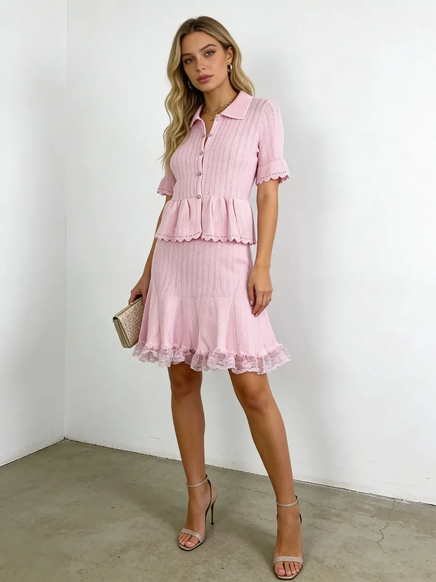 French Sweet Knitted Top And Bottom For Women Polo Neck Button Top And High Waist Lace A-line Skirt Elegant Dating Outfit