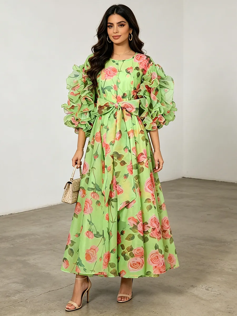 Vintage Palace Style Rose Floral Printed Dress Women Round Neck Design Puff Sleeve Ruffle Hem Elegant Long Maxi Dress