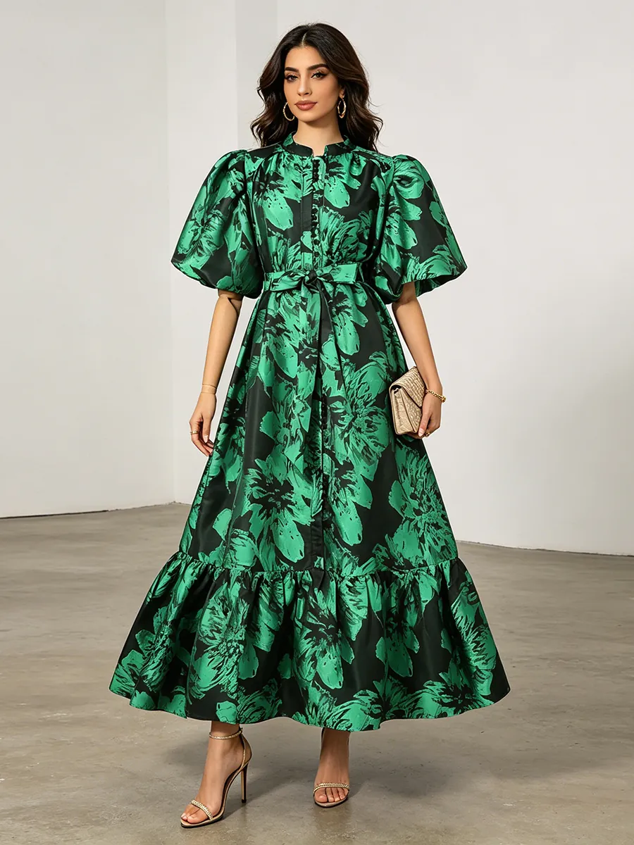 French Vintage Style Floral Print Maxi Dress For Women Puff Sleeve Drawstring Waist A-Line Elegant Party Dress